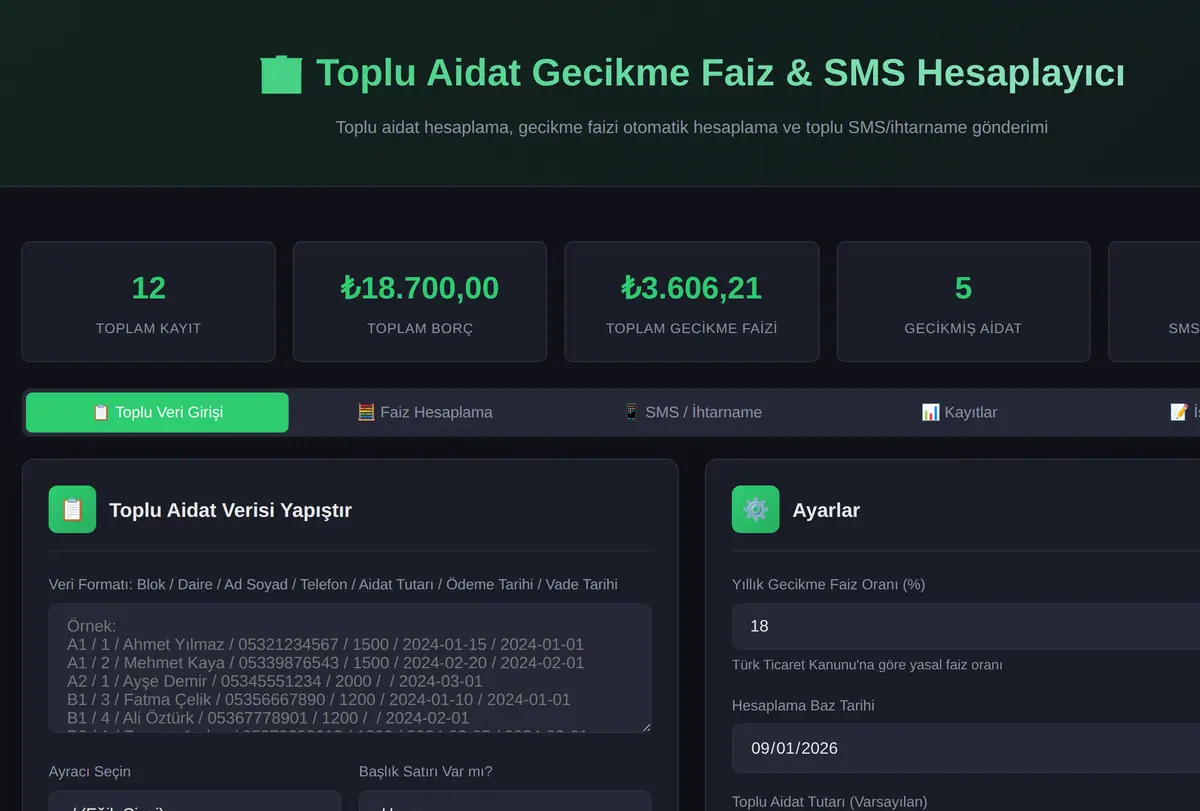 Toplu Aidat Gecikme Faiz & SMS Hesaplayıcı ekran görüntüsü