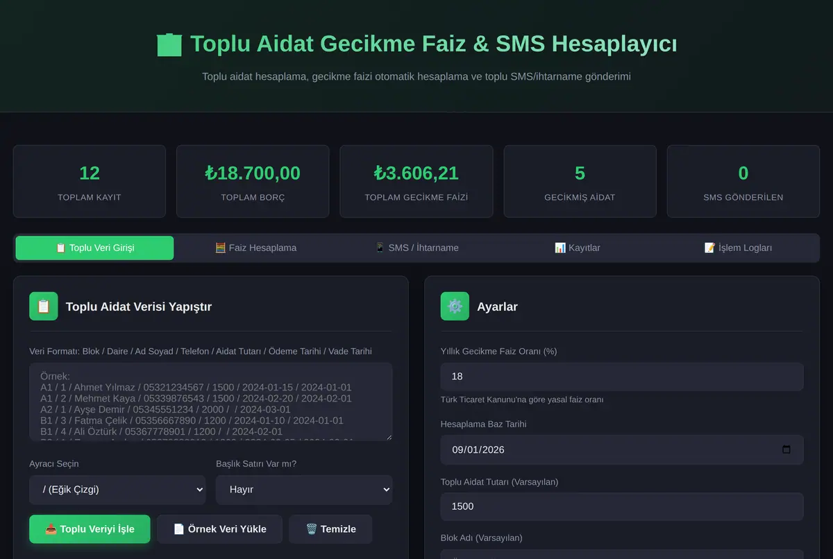 Toplu Aidat Gecikme Faiz & SMS Hesaplayıcı ekran görüntüsü 2