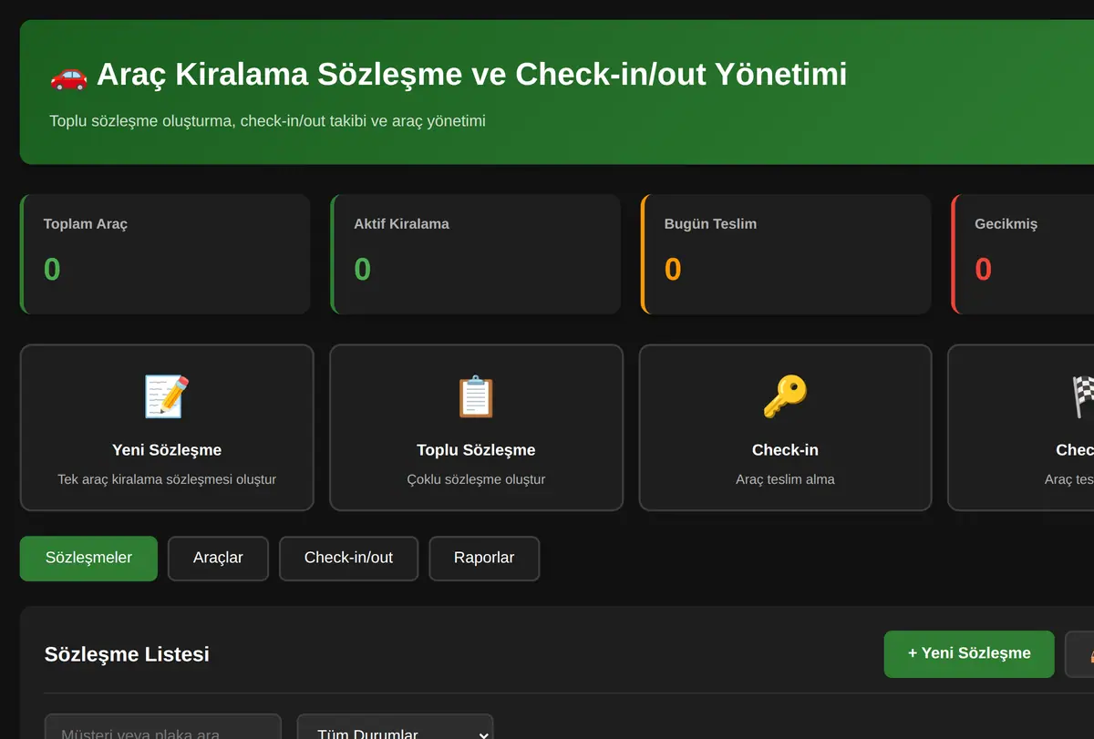 Araç Kiralama Sözleşme ve Check-in/out Yönetimi ekran görüntüsü
