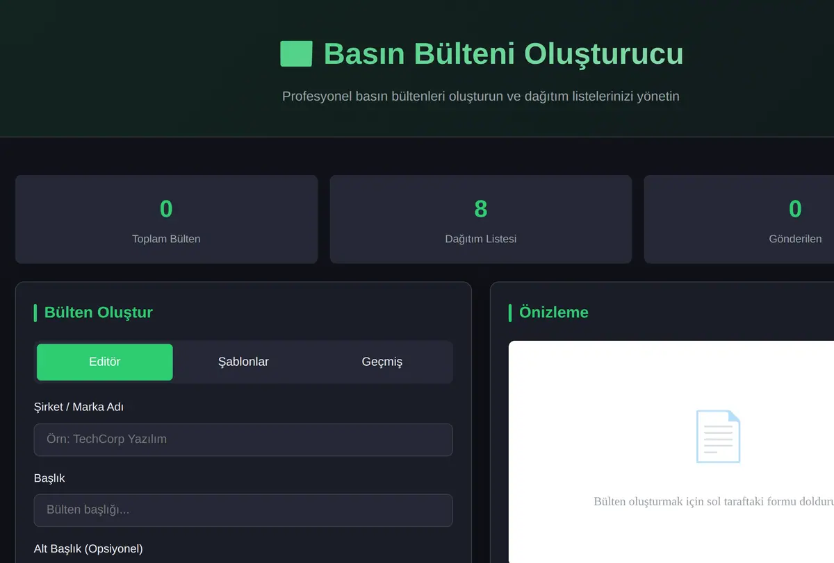 Basın Bülteni Oluşturucu & Dağıtım Listesi ekran görüntüsü
