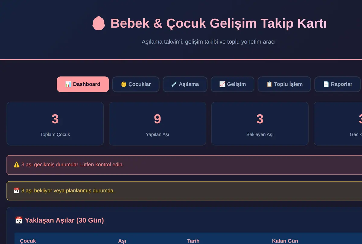 Bebek & Çocuk Gelişim Takip Kartı ve Aşılama Takvimi ekran görüntüsü