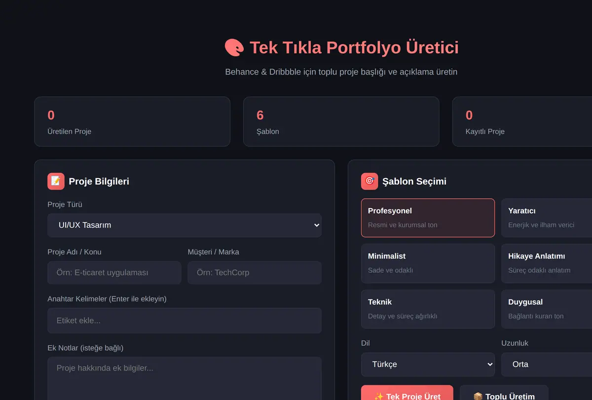 Tek Tıkla Portfolyo Proje Başlığı ve Açıklama Üretici ekran görüntüsü
