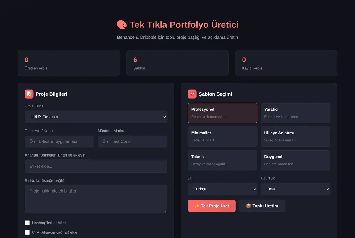 Tek Tıkla Portfolyo Proje Başlığı ve Açıklama Üretici ekran görüntüsü 2