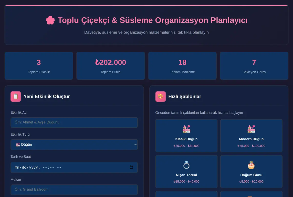 Toplu Çiçekçi & Süsleme Organizasyon Planlayıcı ekran görüntüsü 2