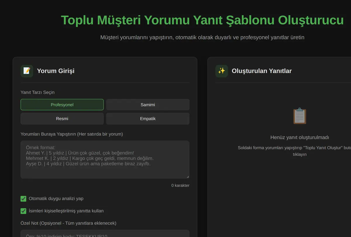 Toplu Müşteri Yorumu Yanıt Şablonu Oluşturucu ekran görüntüsü