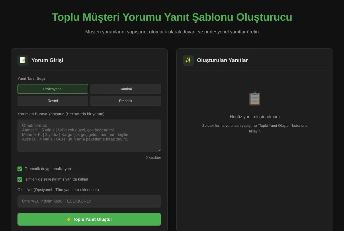 Toplu Müşteri Yorumu Yanıt Şablonu Oluşturucu ekran görüntüsü 2
