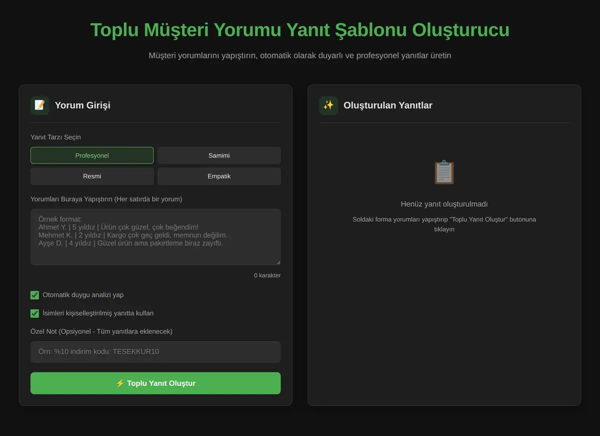 Toplu Müşteri Yorumu Yanıt Şablonu Oluşturucu ekran görüntüsü 3