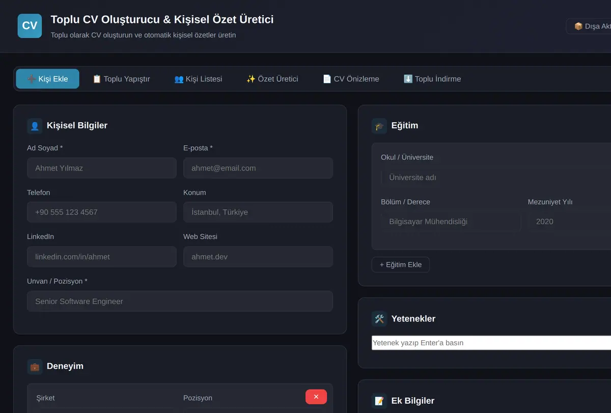 Toplu CV Oluşturucu & Kişisel Özet Üretici ekran görüntüsü