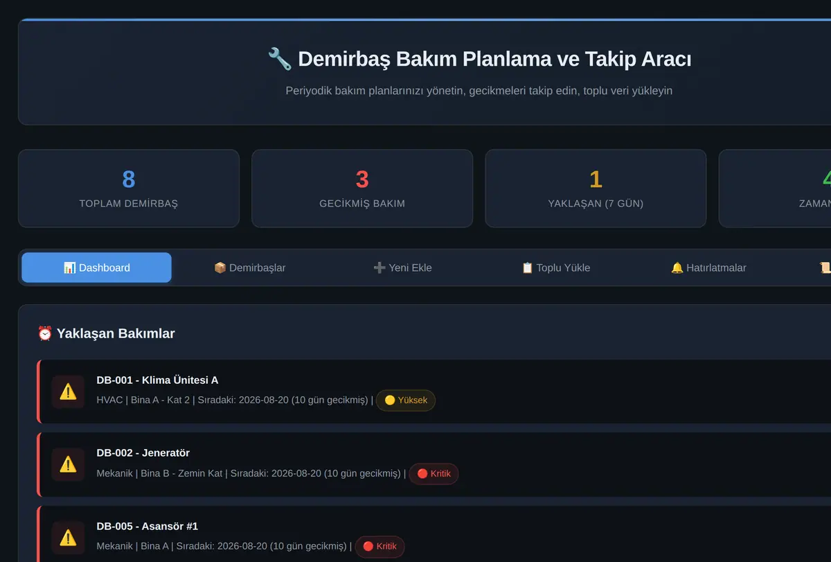 Demirbaş Bakım Planlama ve Takip Aracı ekran görüntüsü