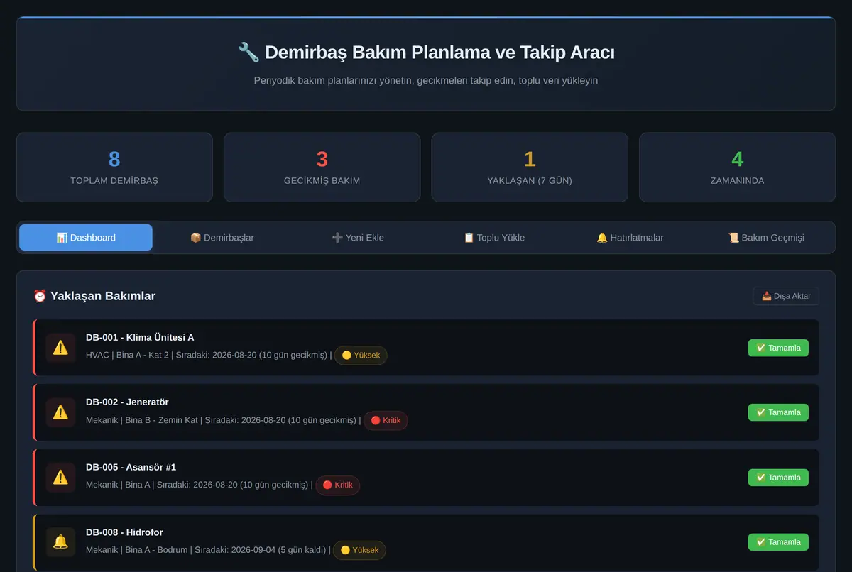 Demirbaş Bakım Planlama ve Takip Aracı ekran görüntüsü 2