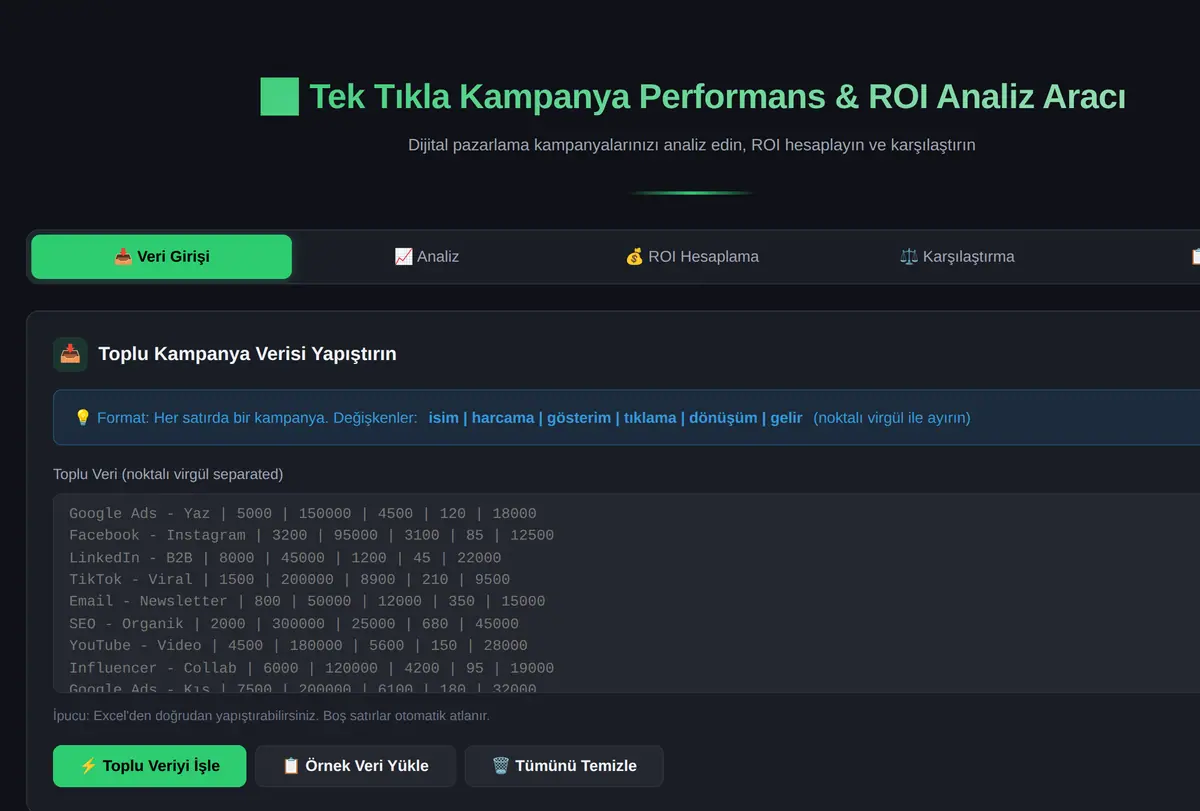 Tek Tıkla Kampanya Performans & ROI Analiz Aracı ekran görüntüsü