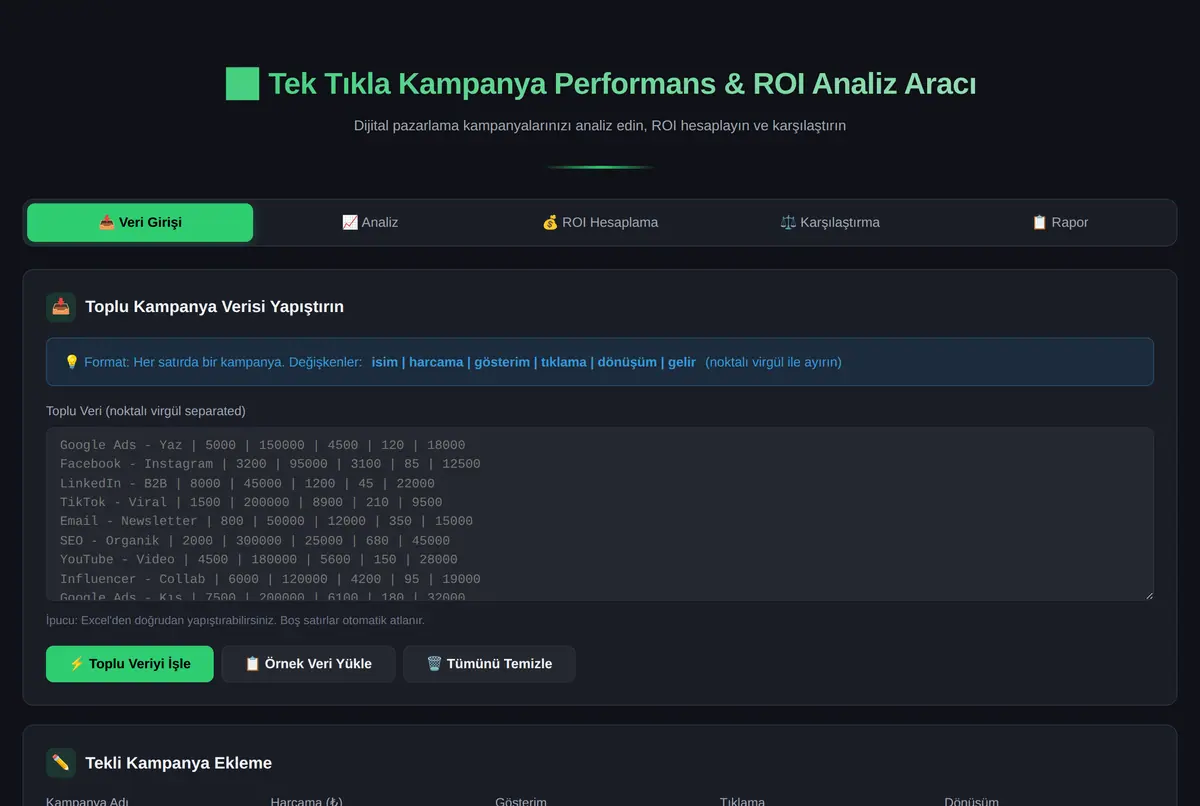 Tek Tıkla Kampanya Performans & ROI Analiz Aracı ekran görüntüsü 2