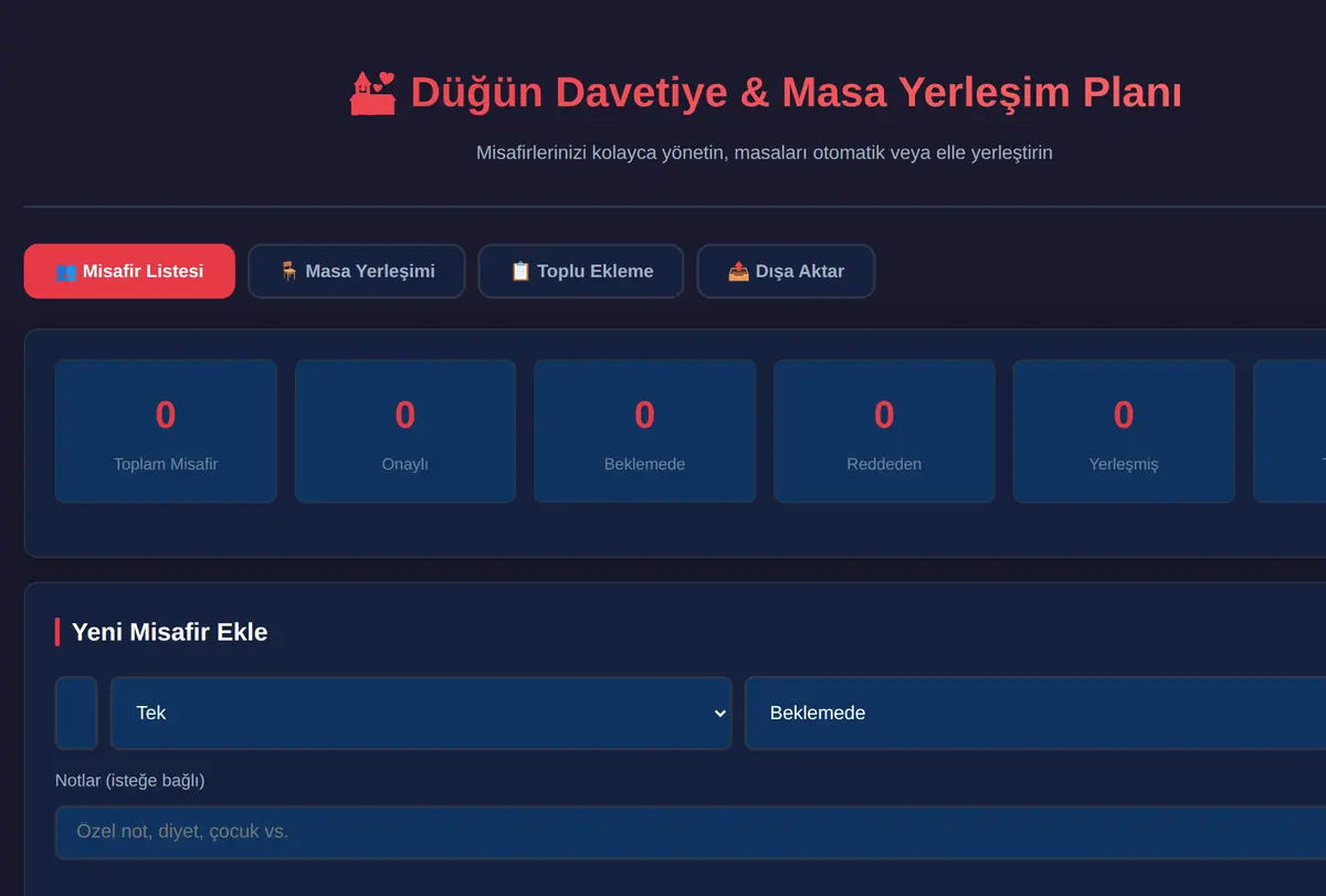 Düğün Davetiye & Masa Yerleşim Planı Aracı ekran görüntüsü