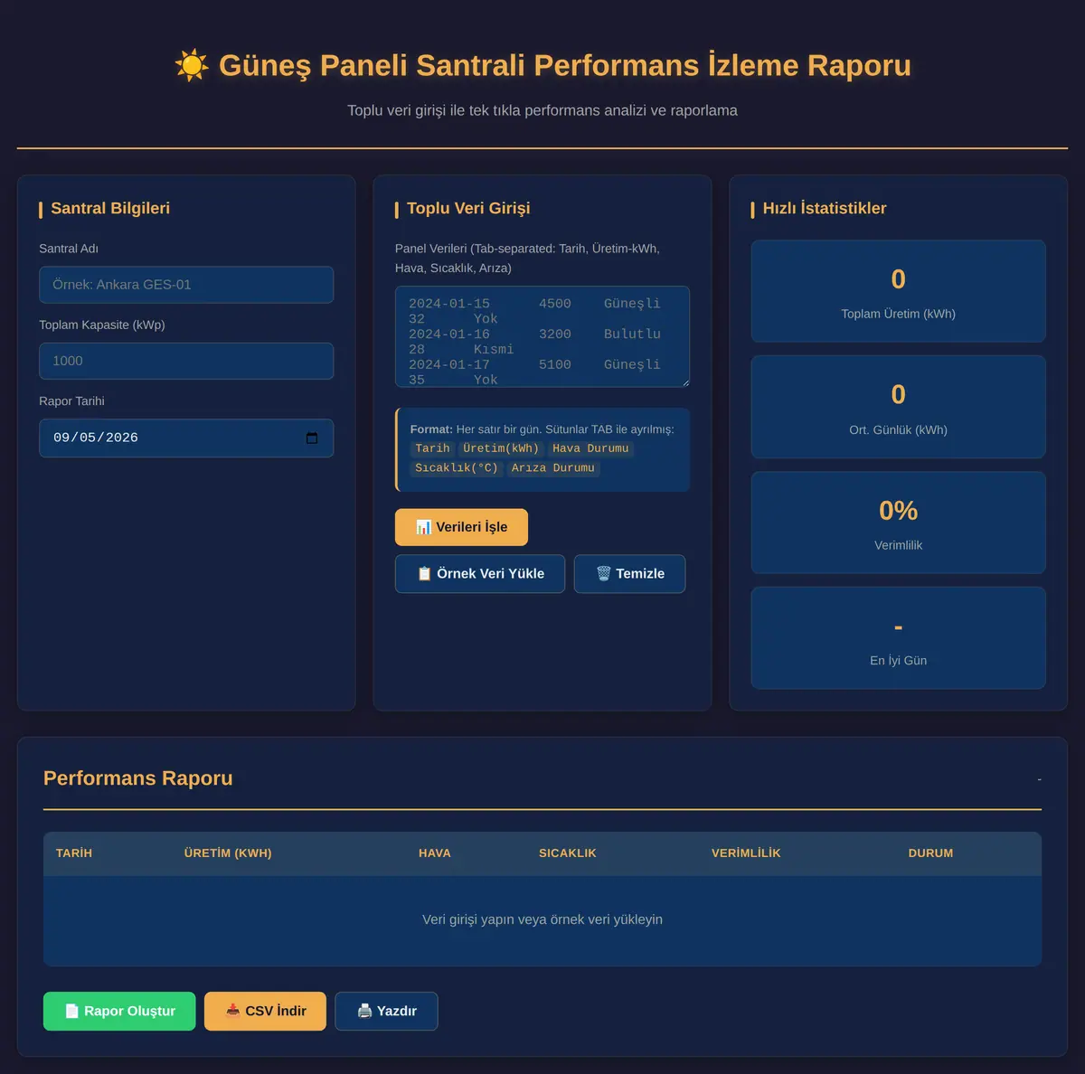 Güneş Paneli Santrali Performans İzleme Raporu ekran görüntüsü 3