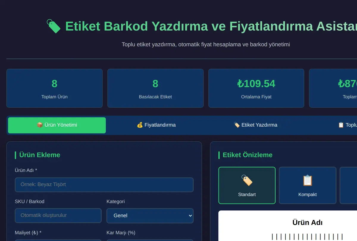 Etiket Barkod Yazdırma ve Fiyatlandırma Asistanı ekran görüntüsü