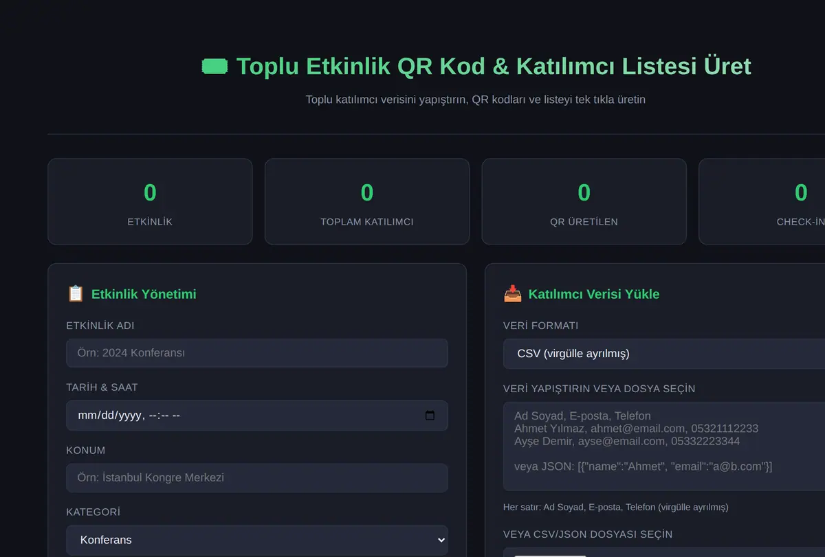 Toplu Etkinlik QR Kod ve Katılımcı Listesi Üret ekran görüntüsü