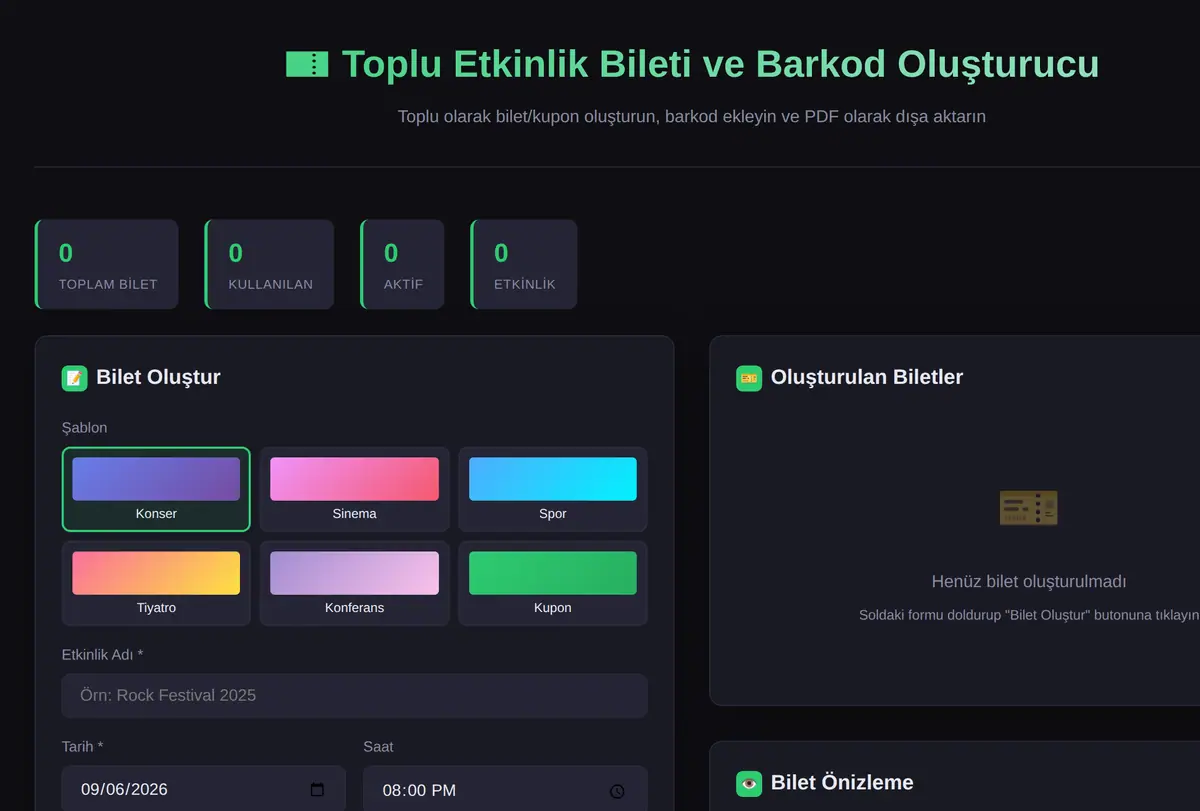 Toplu Etkinlik Bileti ve Barkod Oluşturucu ekran görüntüsü