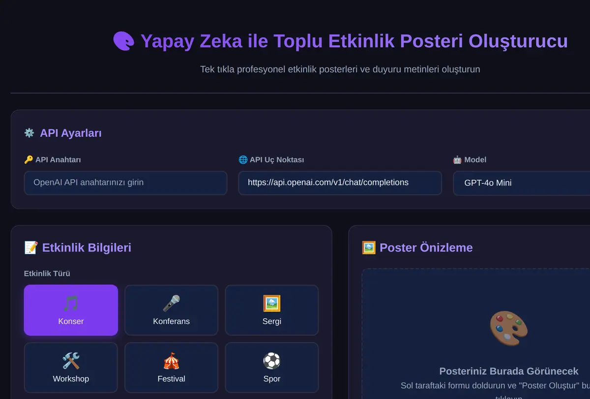 Yapay Zeka ile Toplu Etkinlik Posteri Oluşturucu ekran görüntüsü