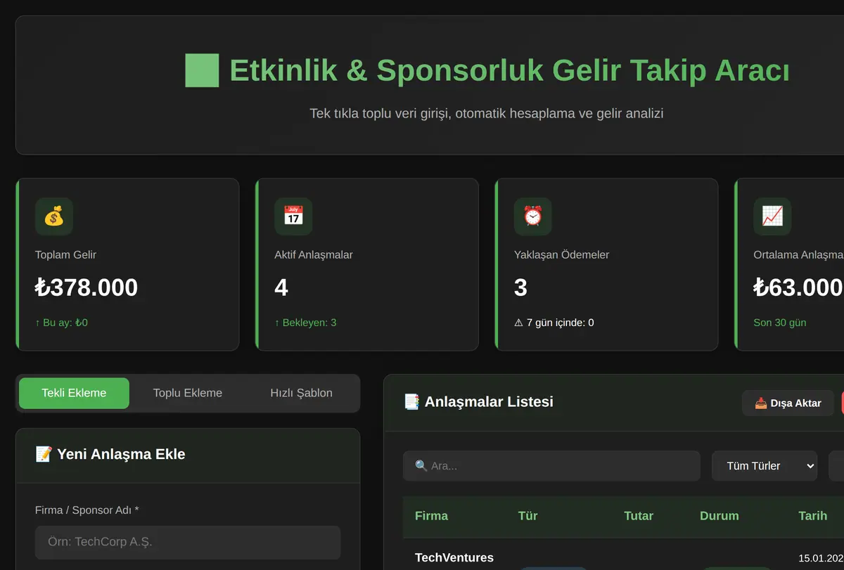 Etkinlik & Sponsorluk Gelir Takip Aracı ekran görüntüsü