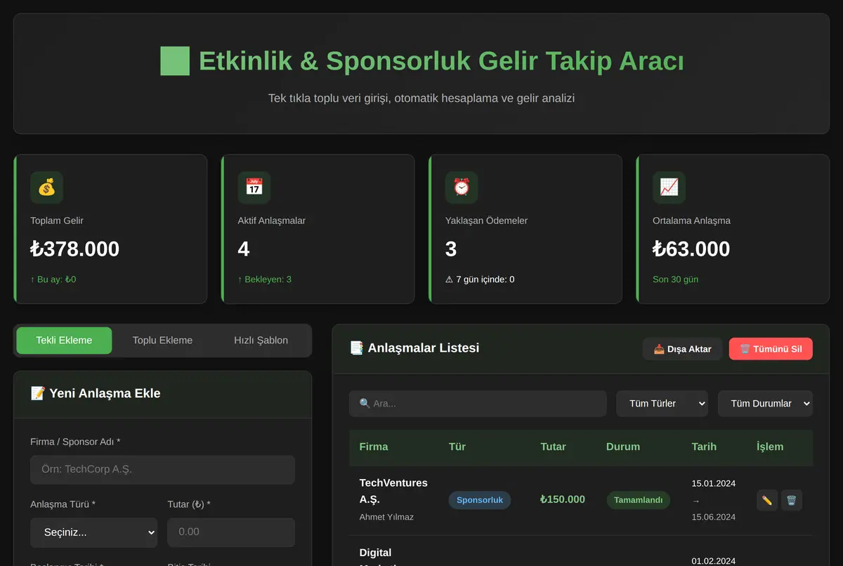 Etkinlik & Sponsorluk Gelir Takip Aracı ekran görüntüsü 2