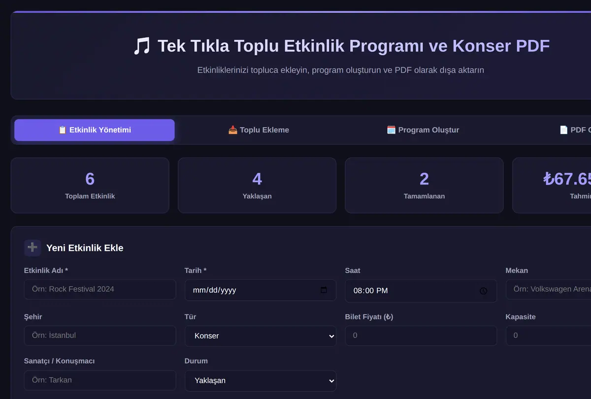 Tek Tıkla Toplu Etkinlik Programı ve Konser PDF ekran görüntüsü
