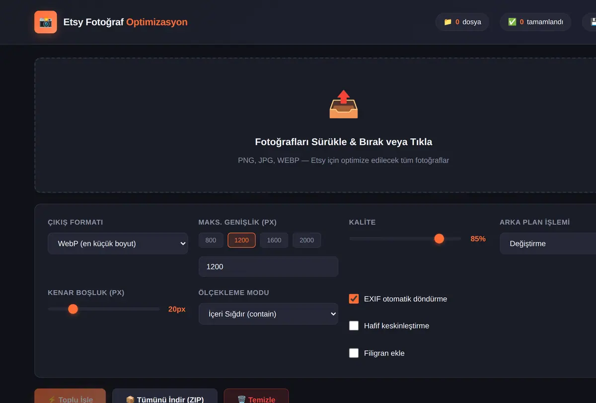 Etsy Fotoğraf Toplu Optimizasyon ve Arka Plan Temizleme ekran görüntüsü