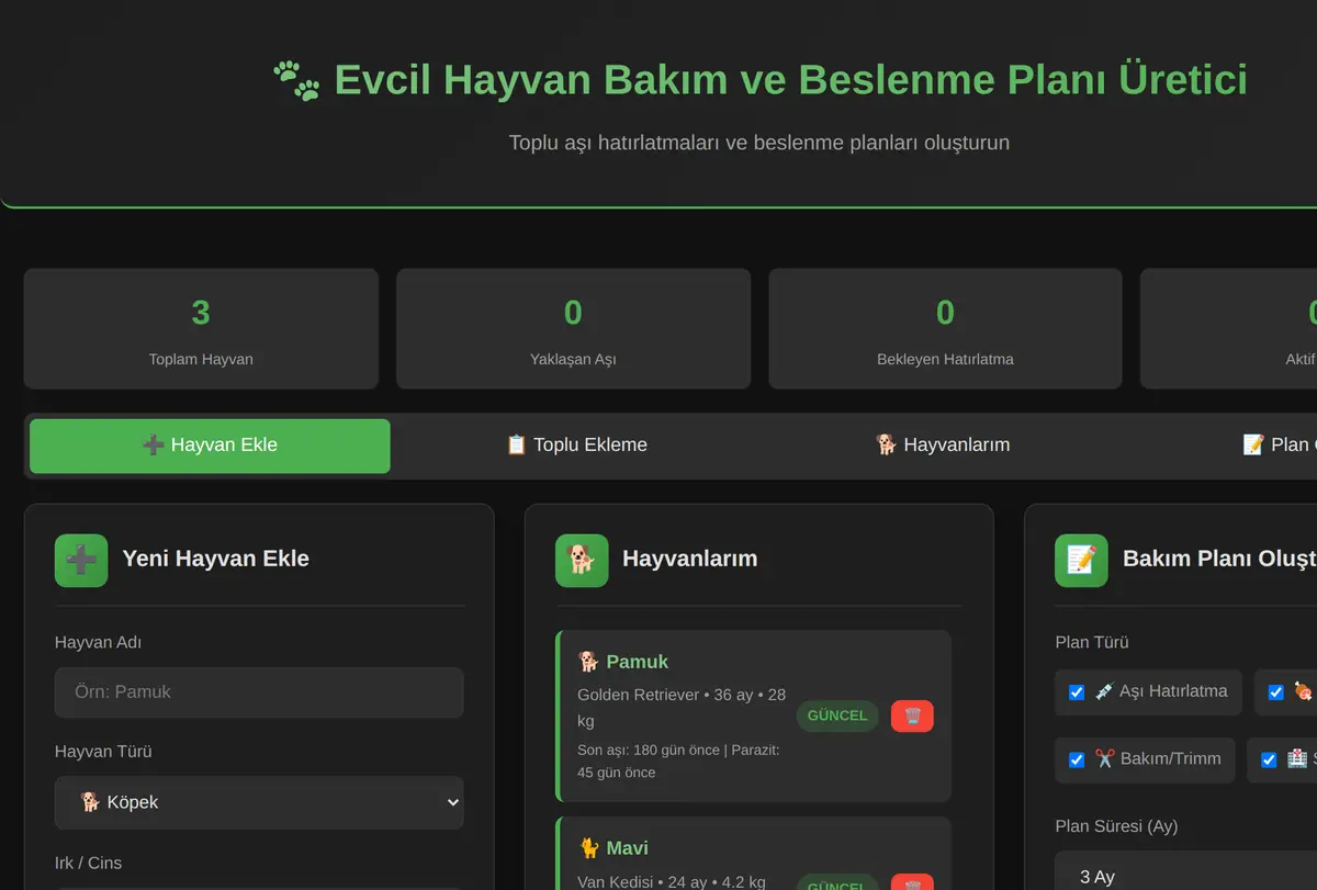 Evcil Hayvan Bakım ve Beslenme Planı Üretici ekran görüntüsü