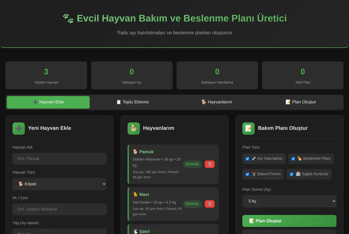 Evcil Hayvan Bakım ve Beslenme Planı Üretici ekran görüntüsü 2