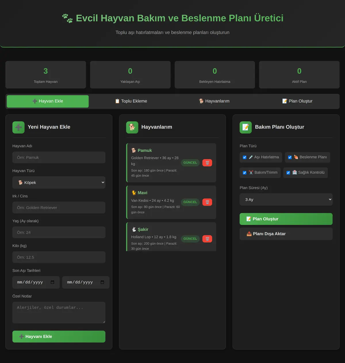 Evcil Hayvan Bakım ve Beslenme Planı Üretici ekran görüntüsü 3