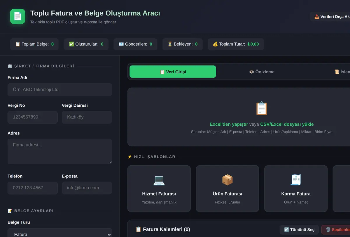 Toplu Fatura ve Belge Oluşturma Aracı ekran görüntüsü