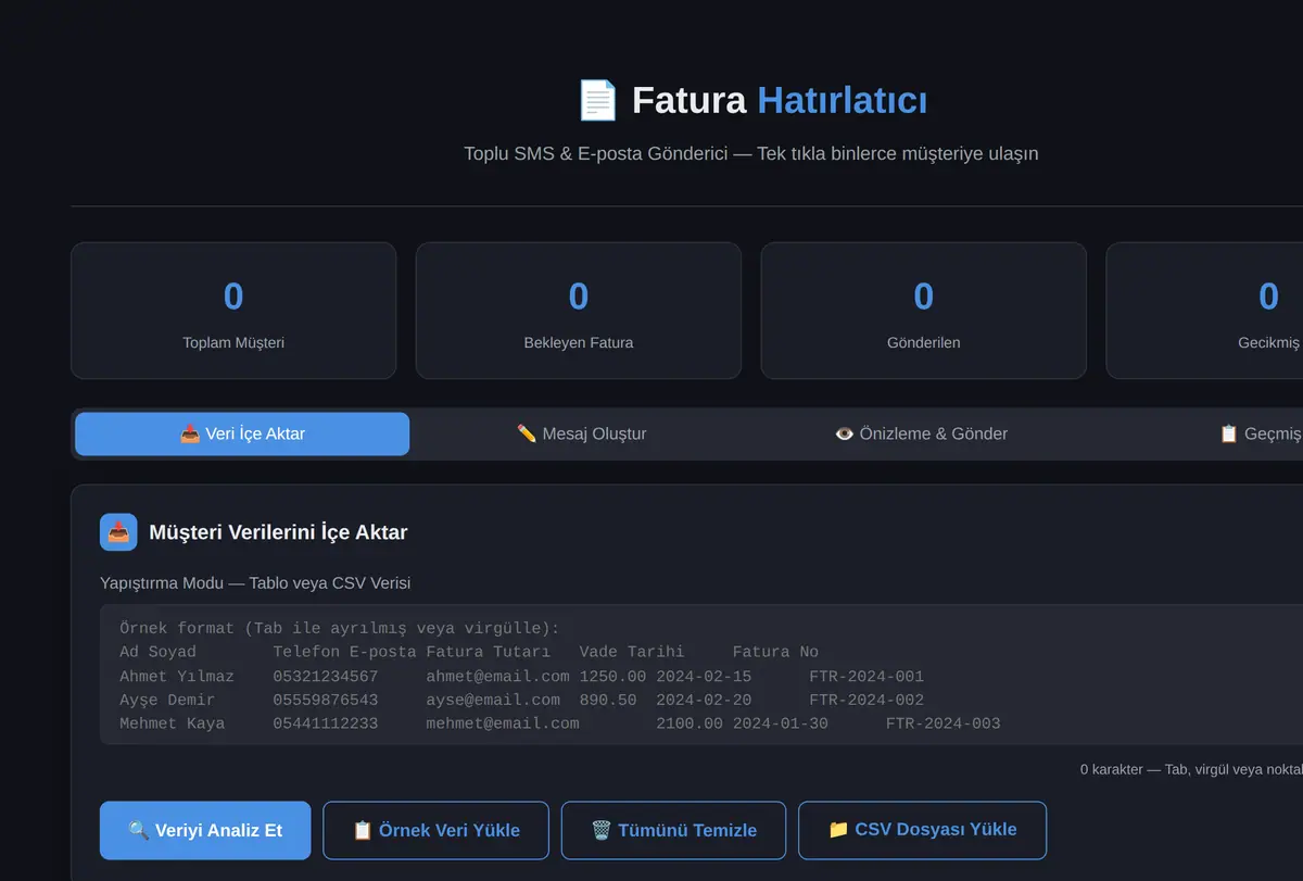 Fatura Hatırlatıcı: Toplu SMS/E-posta Gönderici ekran görüntüsü