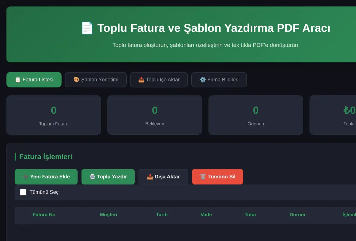 Toplu Fatura ve Şablon Yazdırma PDF Aracı ekran görüntüsü