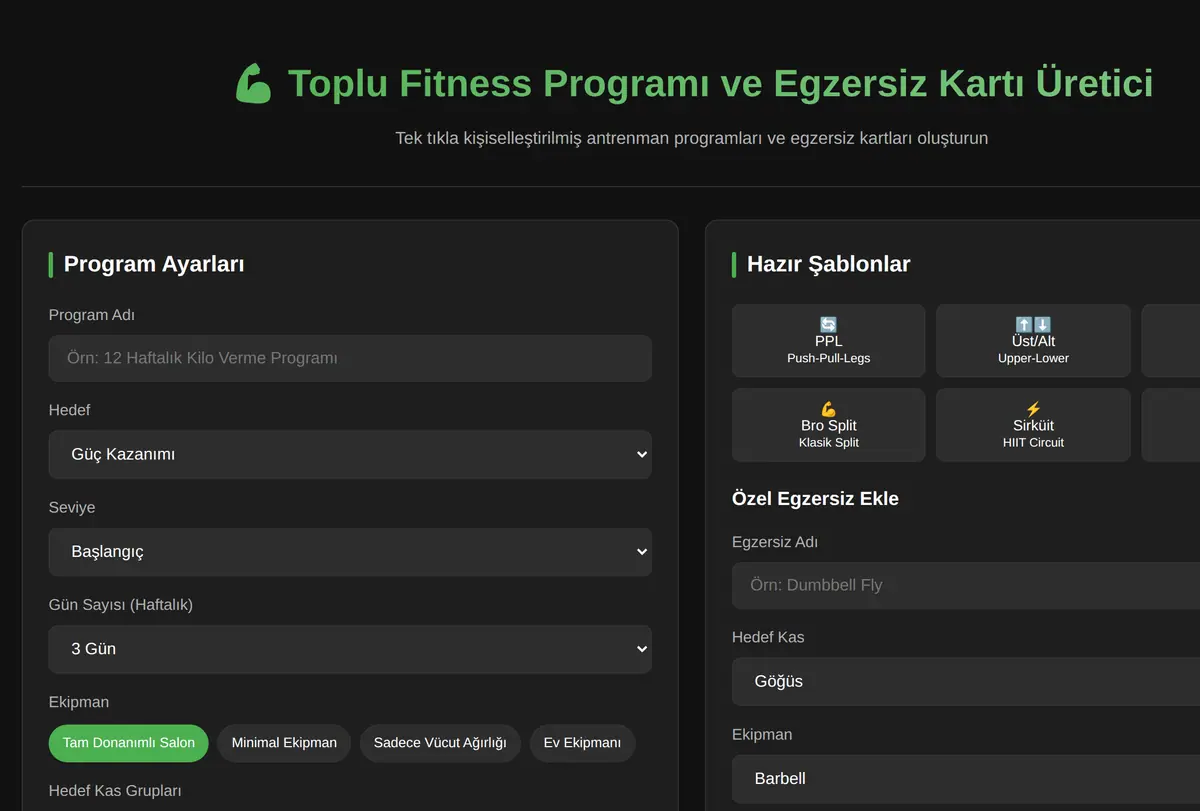 Toplu Fitness Programı ve Egzersiz Kartı Üretici ekran görüntüsü