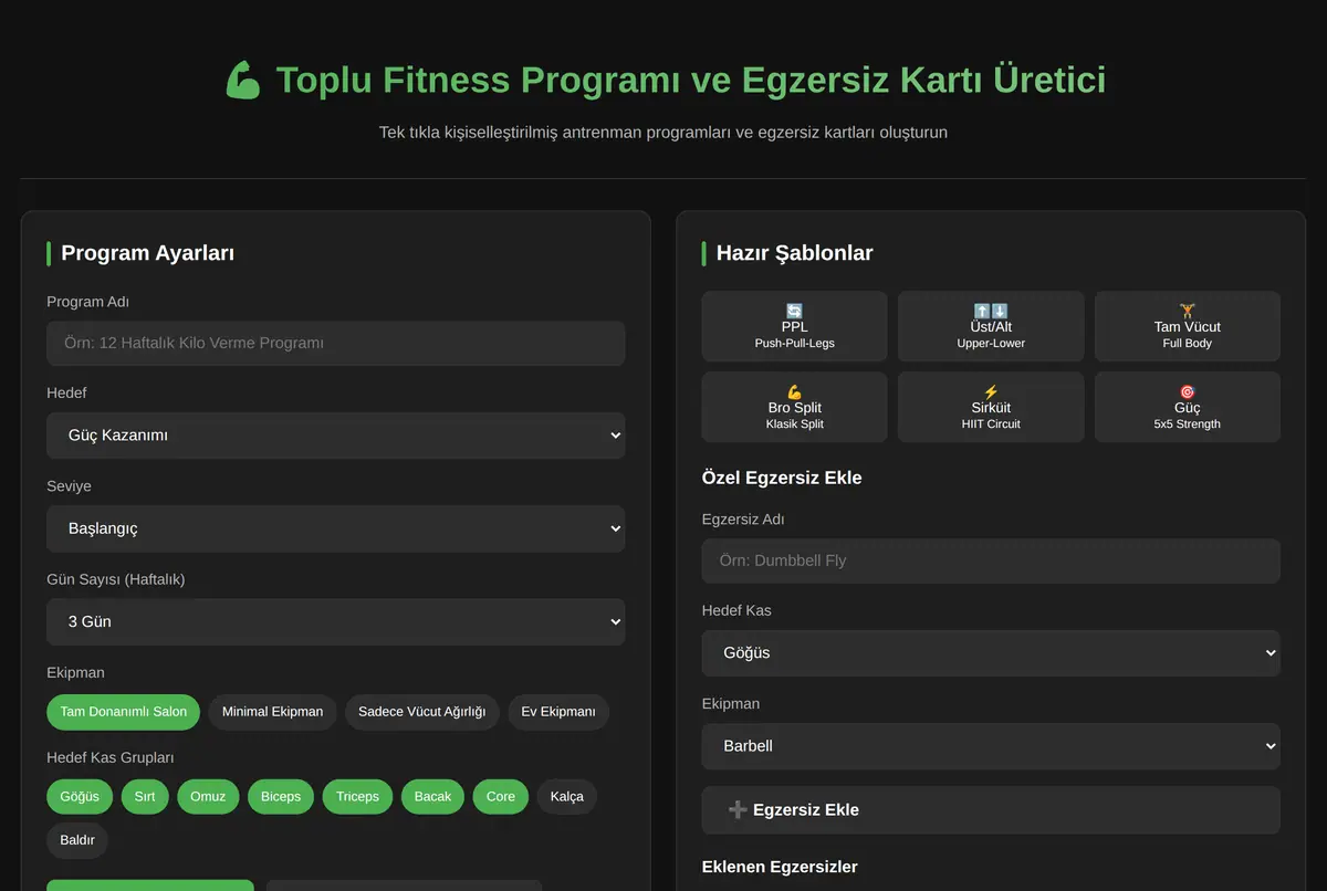 Toplu Fitness Programı ve Egzersiz Kartı Üretici ekran görüntüsü 2