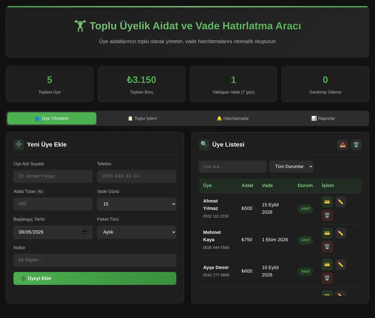 Toplu Üyelik Aidat ve Vade Hatırlatma Aracı ekran görüntüsü 3