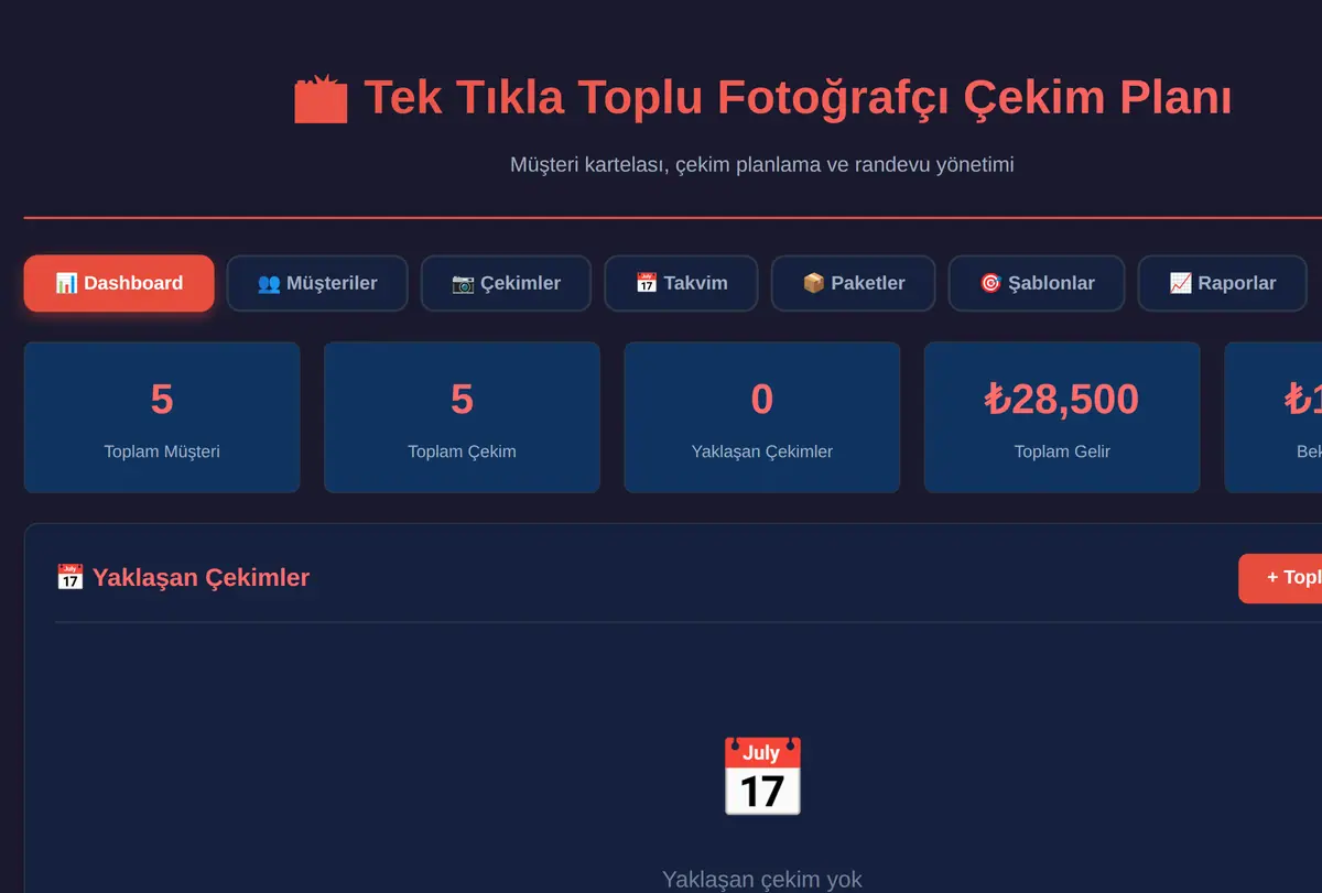 Tek Tıkla Toplu Fotoğrafçı Çekim Planı ve Müşteri Kartelası ekran görüntüsü