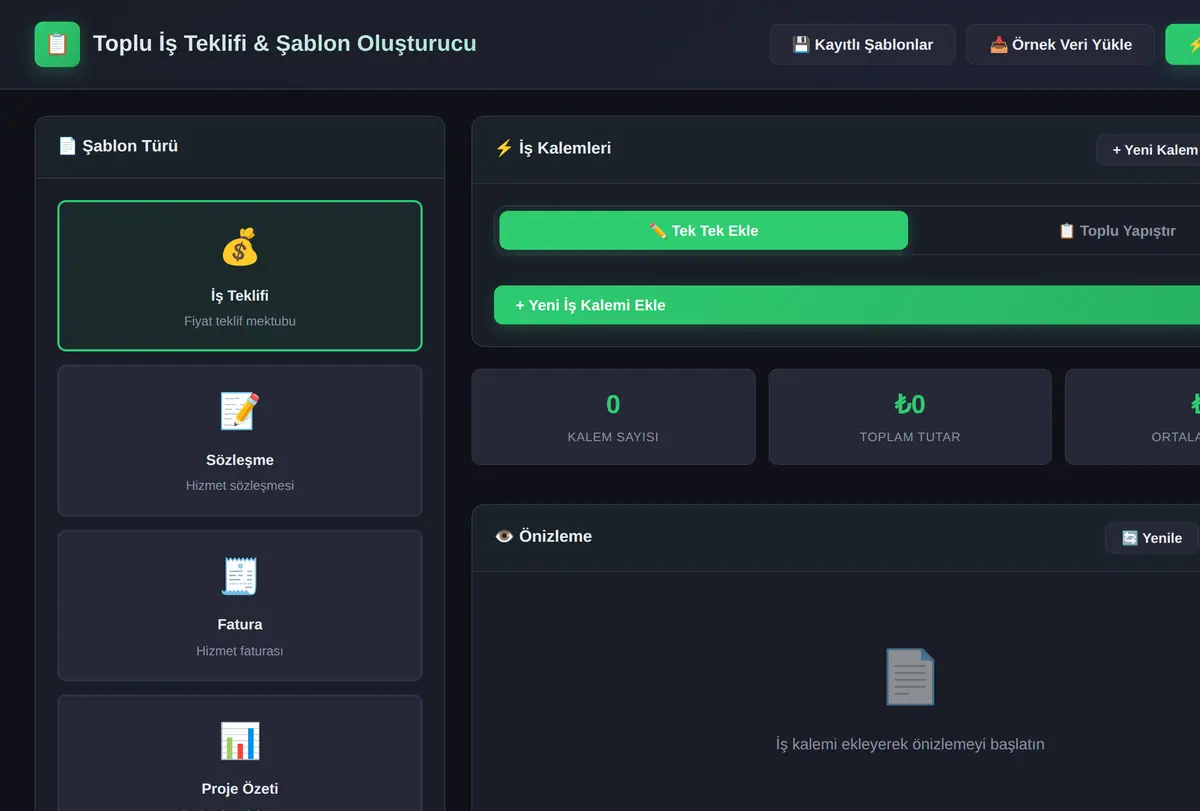 Toplu İş Teklifi & Şablon Oluşturucu ekran görüntüsü