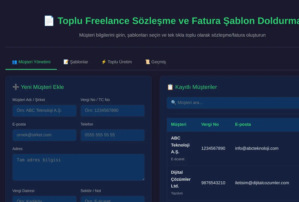 Toplu Freelance Sözleşme ve Fatura Şablon Doldurma ekran görüntüsü