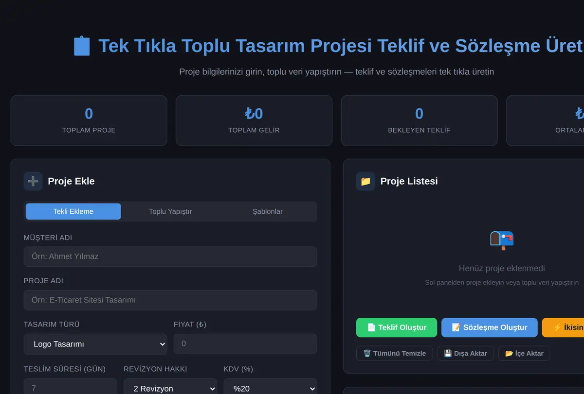 Tek Tıkla Toplu Tasarım Projesi Teklif ve Sözleşme Üretici ekran görüntüsü