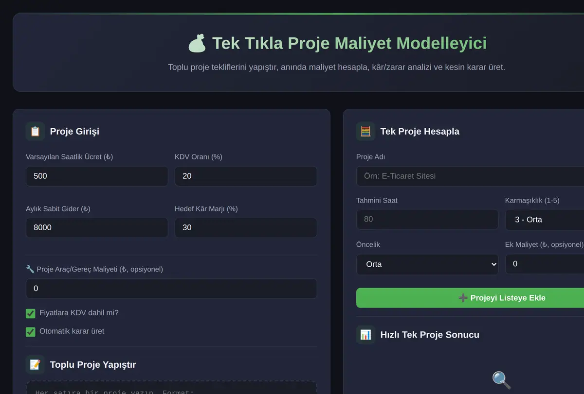 Tek Tıkla Proje Maliyet Modelleyici ekran görüntüsü