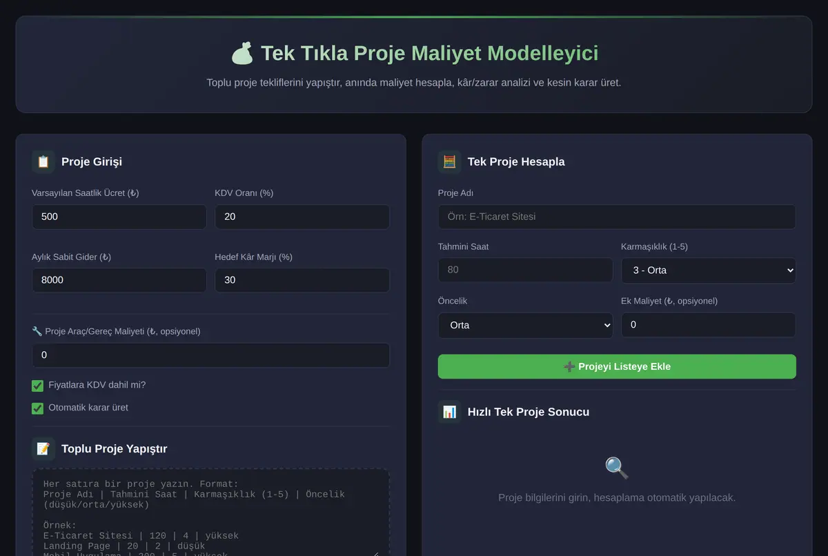 Tek Tıkla Proje Maliyet Modelleyici ekran görüntüsü 2