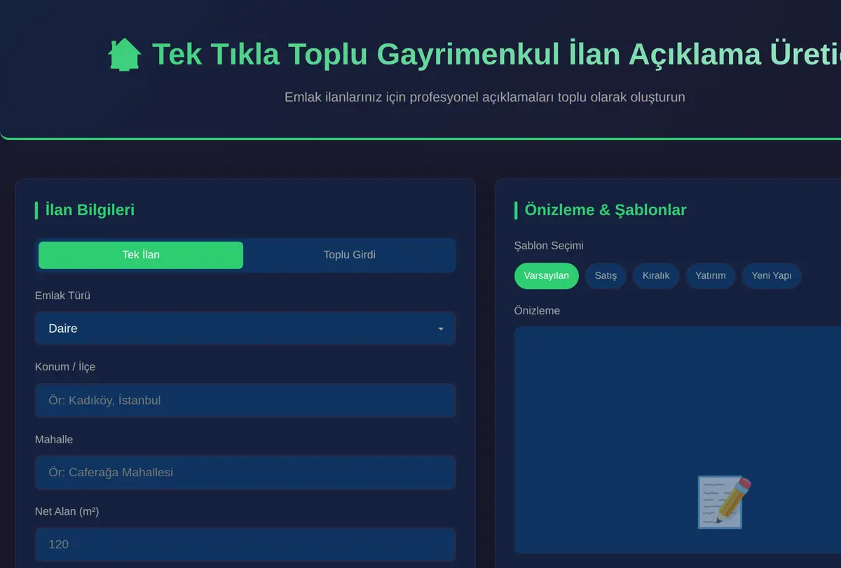 Tek Tıkla Toplu Gayrimenkul İlan Açıklama Üretici ekran görüntüsü