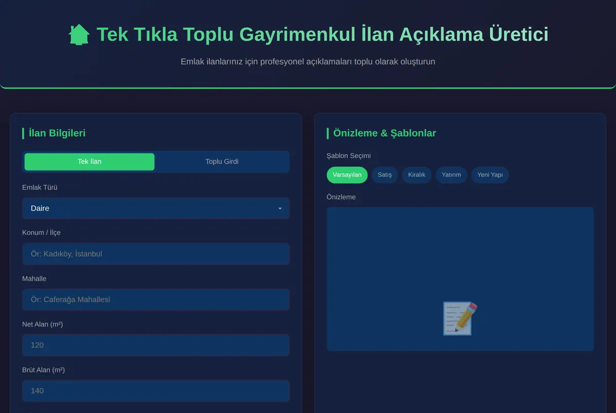 Tek Tıkla Toplu Gayrimenkul İlan Açıklama Üretici ekran görüntüsü 2