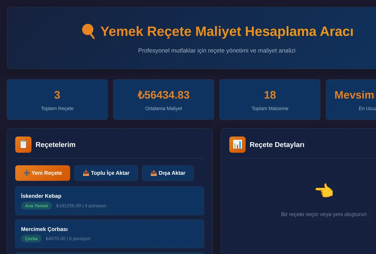 Yemek Reçete Maliyet Hesaplama Aracı ekran görüntüsü