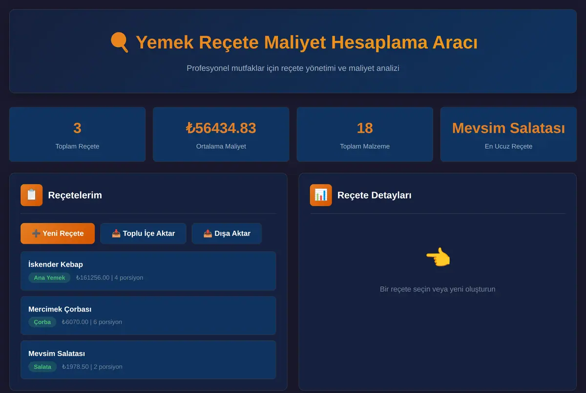 Yemek Reçete Maliyet Hesaplama Aracı ekran görüntüsü 2