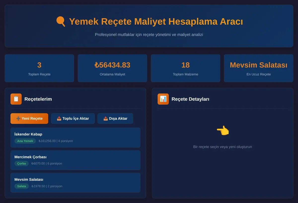 Yemek Reçete Maliyet Hesaplama Aracı ekran görüntüsü 3