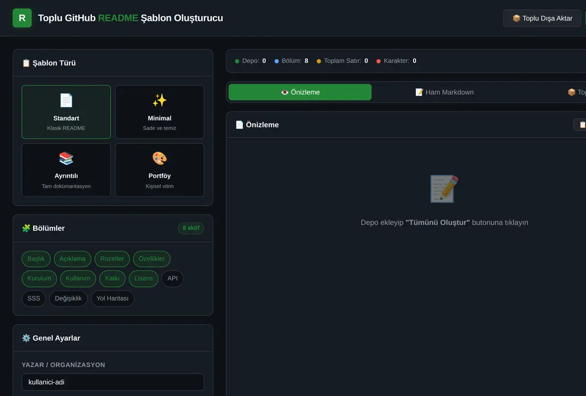 Toplu GitHub README Şablon Oluşturucu ekran görüntüsü