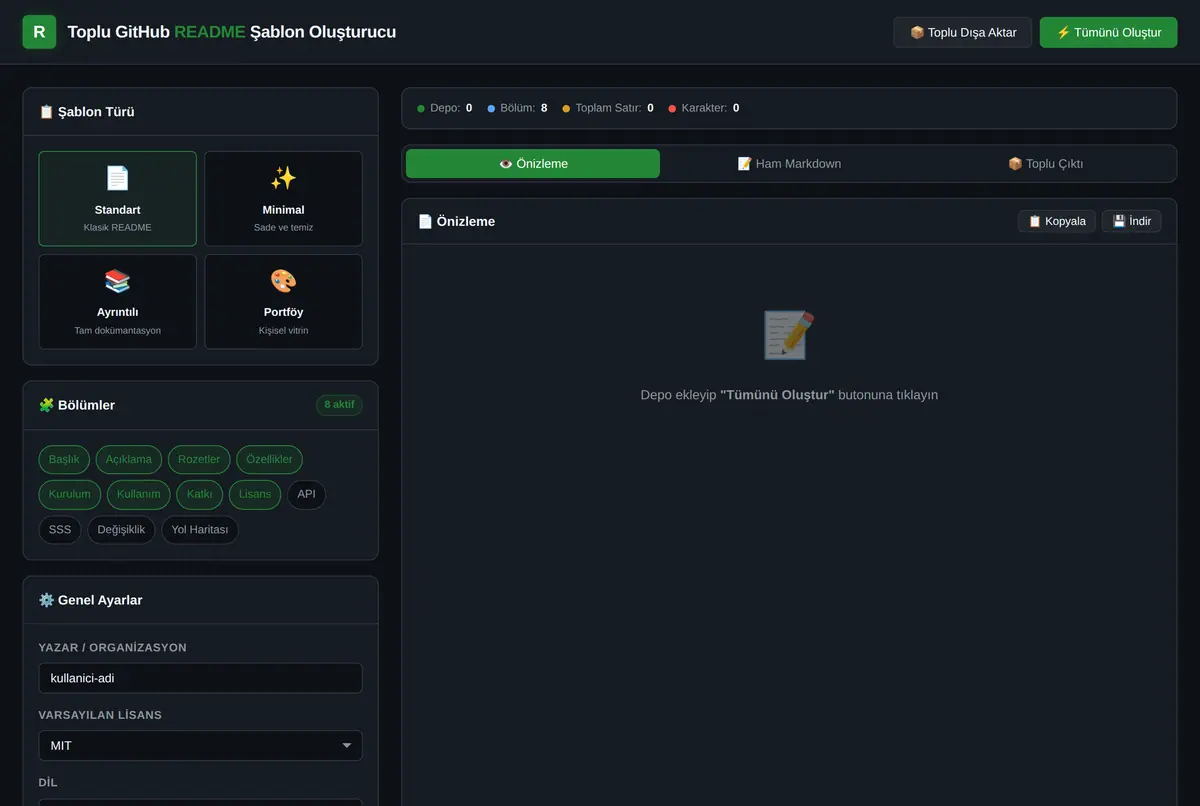 Toplu GitHub README Şablon Oluşturucu ekran görüntüsü 2