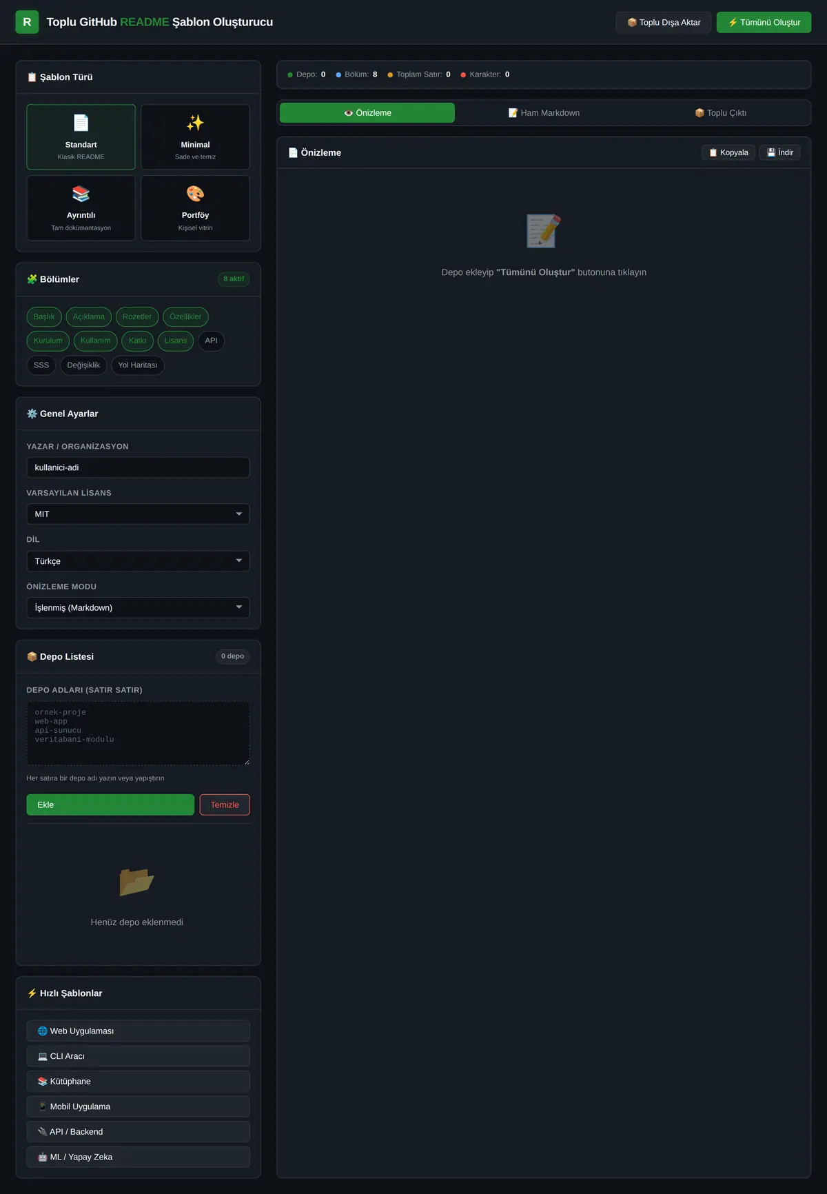 Toplu GitHub README Şablon Oluşturucu ekran görüntüsü 3