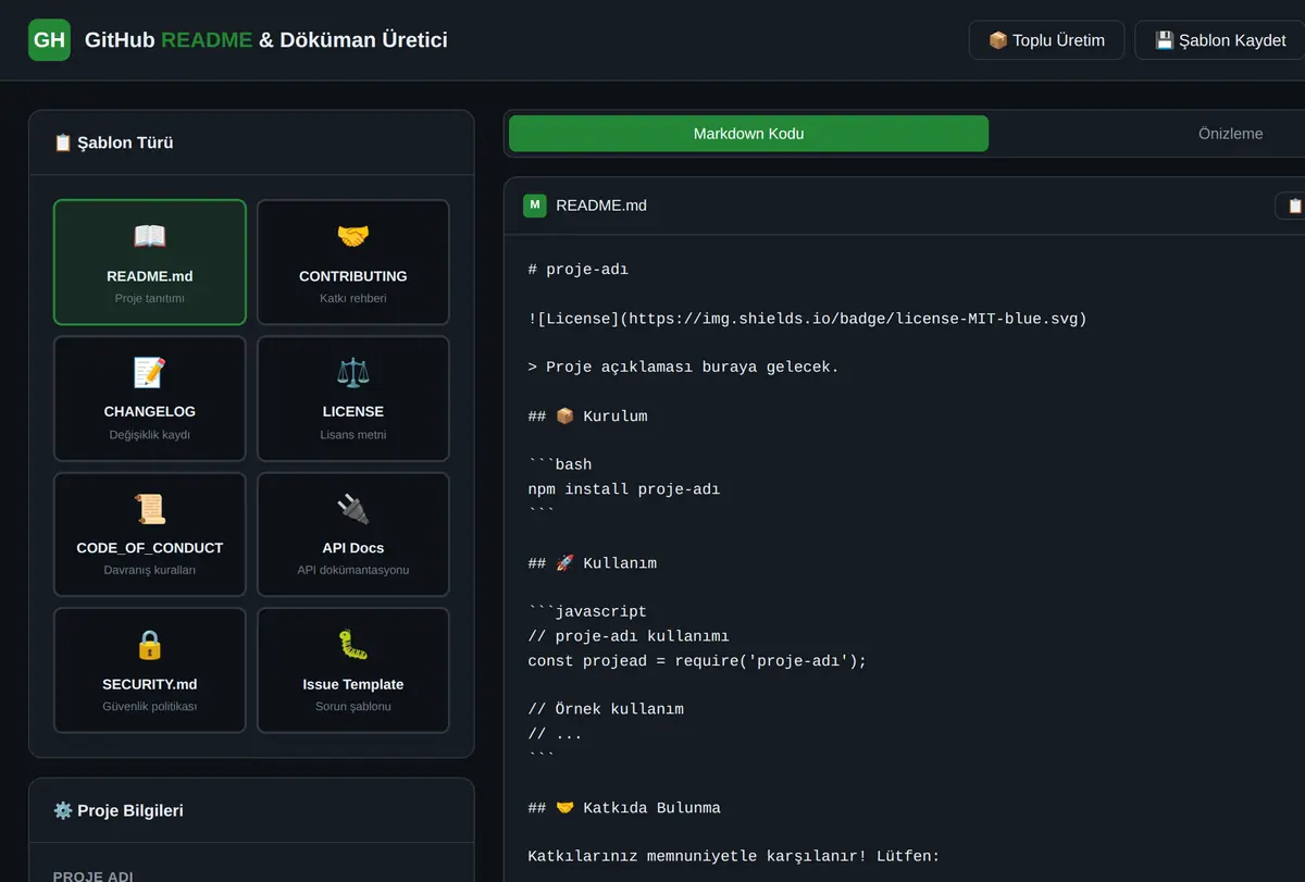 GitHub README & Döküman Şablonu Üretici ekran görüntüsü